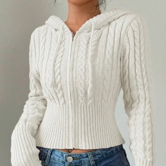 White Casual Women's Fitted Drawstring Hooded Cardigan